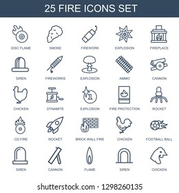 fire icons. Trendy 25 fire icons. Contain icons such as disc flame, smoke, firework, explosion, fireplace, siren, fireworks, ammo, cannon, chicken. fire icon for web and mobile.