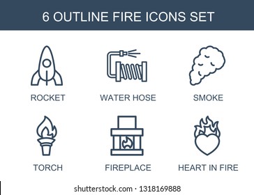 fire icons. Trendy 6 fire icons. Contain icons such as rocket, water hose, smoke, torch, fireplace, heart in fire. fire icon for web and mobile.