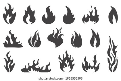 Fire icons.Flame icons are black on a white background.The tongues of burning flame can be used for different design directions.Flat vector illustration.