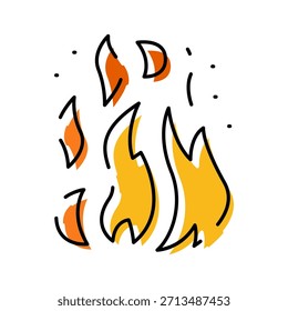 Feuer entzündet und strahlt Wärme, symbolisiert Leidenschaft, Energie und Gefahr, konzipiert als Cartoon oder Comics Stil schwarze Linie Zeichnung mit orange und gelben Füllungen auf weißem Hintergrund