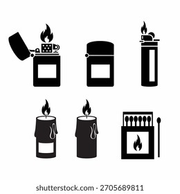 Conjunto de vetores de elementos de fogo e ignição apresentando isqueiros velas Corresponde a toras de fogo de campismo e chamas de lareira