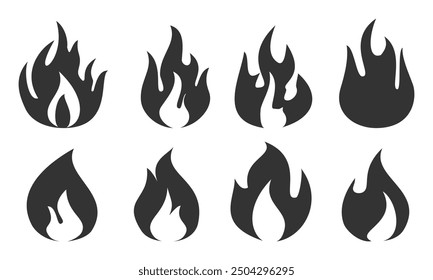 Ilustración de fuego en estilo plano, conjunto de iconos de vectores de fuego. señal de advertencia de fuego