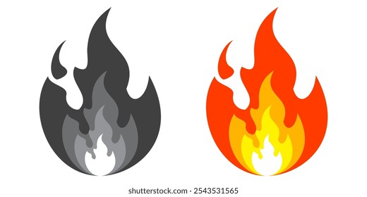 Ilustración de fuego en estilo plano, conjunto de iconos de vectores de fuego. señal de advertencia de fuego