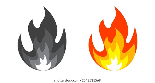 Ilustración de fuego en estilo plano, conjunto de iconos de vectores de fuego. señal de advertencia de fuego