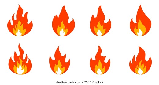 Fire illustration in flat style, set of fire vector icons. fire warning sign