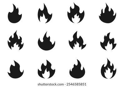Feuergrafik im flachen Stil, Satz von Feuervektorsymbolen. Brandmeldezeichen
