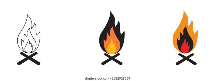 Fire illustration in flat style, set of fire vector icons. fire warning sign