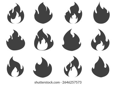 Ilustración de fuego en estilo plano, conjunto de iconos de vectores de fuego. señal de advertencia de fuego