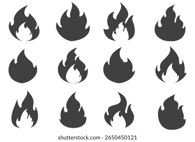 Feuergrafik im flachen Stil, Satz von Feuervektorsymbolen. Brandmeldezeichen