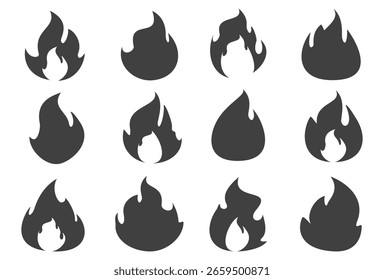 Ilustración de fuego en estilo plano, conjunto de iconos de vectores de fuego. señal de advertencia de fuego