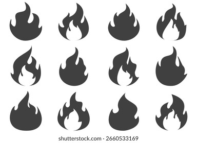 Feuergrafik im flachen Stil, Satz von Feuervektorsymbolen. Brandmeldezeichen