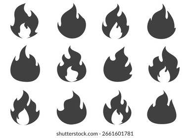 Ilustração de fogo em estilo plano, conjunto de ícones de vetor de fogo.