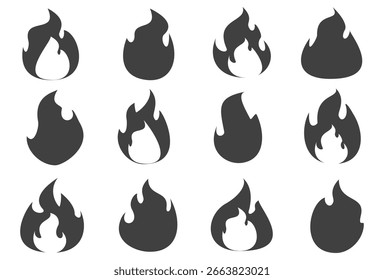 Ilustración de fuego en estilo plano, conjunto de iconos de vectores de fuego. señal de advertencia de fuego