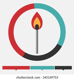 Fire infographic. Match or mathstick, fire and radial diagram. Design element.  Flat design