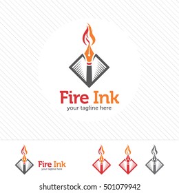 Fire ink pen logo design vector. Creative concept of pen and fire symbol .