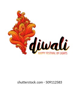 fire and the inscription on the white background. Vector illustration on the theme of the traditional celebration happy diwali. Deepavali light and fire festival.