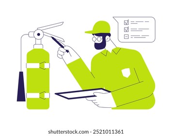 Ilustración vectorial de concepto abstracto de inspección de incendios. Inspector que comprueba la disponibilidad de extintores de incendios en la construcción, Representantes del gobierno, sector de la burocracia metáfora abstracta.