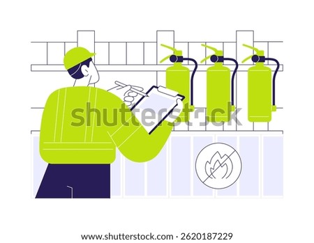 Fire inspection abstract concept vector illustration. Professional building inspector checks fire safety systems, commercial construction site, examine an extinguisher abstract metaphor.