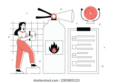 Fire inspection concept. Woman with report checking fire extinguisher. Safety and prevention of catastrophe, fires. Occupational safety regulations. Linear flat vector illustration