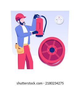 Fire inspection isolated concept vector illustration. Professional building inspector checks fire safety systems, commercial construction site, examine an extinguisher vector concept.