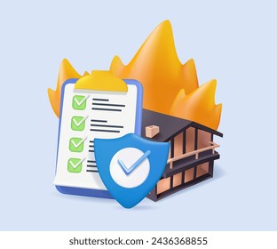 Fire insurance abstract concept 3D vector illustration. Fire property insurance, accident economic loss, belongings protection, standard policy, damage coverage, state service abstract metaphor. 3D