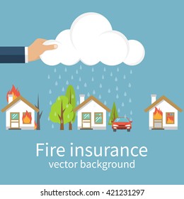 Fire insurance concept, safety, protection. Agent property insurance holds rain cloud above the house in case of fire. Template banner for advertising, promotion. Vector illustration flat.