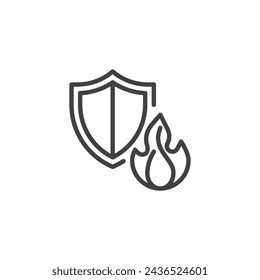 Fire Insurance line icon. linear style sign for mobile concept and web design. Shield and fire flame outline vector icon. Symbol, logo illustration. Vector graphics