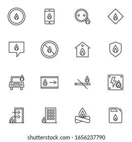 Fire insurance line icons set. linear style symbols collection, Firefighting outline signs pack. vector graphics. Set includes icons as fire flame, online support, burning car, flaming building