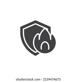 Icono del vector de seguro contra incendios. signo plano relleno para concepto móvil y diseño web. Llama de fuego y escuda el icono de glifo. Símbolo, ilustración del logotipo. Gráficos vectoriales