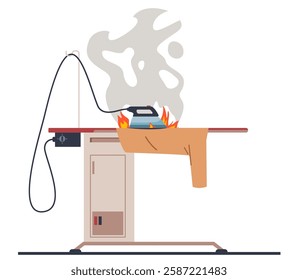 Fire from an iron not turned off. Dangerous situation with electric device. Safety standard, ironing clothes. Burn cloth. Household appliances. Cartoon flat style isolated vector concept