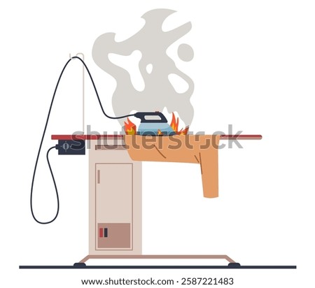 Fire from an iron not turned off. Dangerous situation with electric device. Safety standard, ironing clothes. Burn cloth. Household appliances. Cartoon flat style isolated vector concept