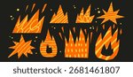  Fire irregular cutouts with crayon sketchy texture. Playful kids collage cut out figures for scrapbook. Doodle scribbles paper stickers.