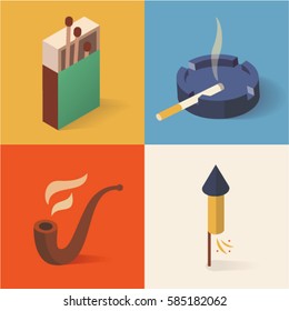 Fire isometric icon set, 3d, smoking background. Matches, ashtray, pipe, rocket