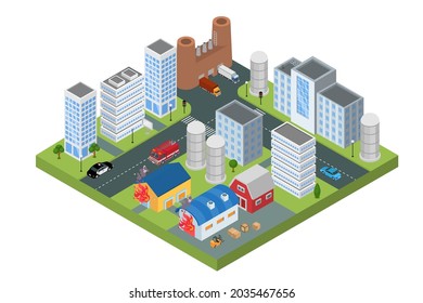 Incendio en concepto de ciudad isométrica, ilustración vectorial. Edificio de casas en llamas, auto de emergencia para extinción de incendios llano va a casa quemada. Desastre