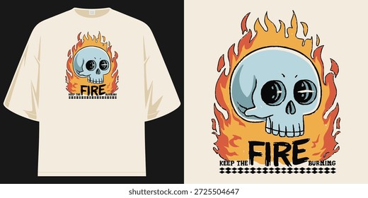 Fire Keep the Burning Vintage Skull Flames Diseño gráfico de la camiseta Obra de arte de Ilustración vectorial
