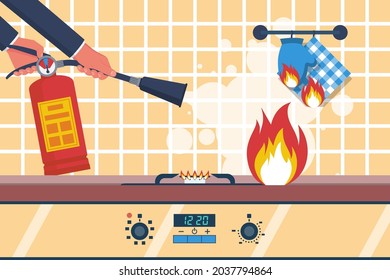 Fire in the kitchen. Accident in the kitchen. Working surface with a burning towel. Vector illustration flat design. Isolated on white background.