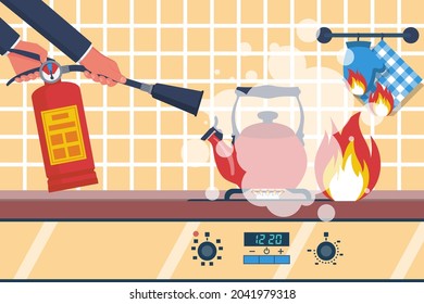 Fire in the kitchen. Accident in the kitchen. Working surface with a burning kettle. Vector illustration flat design. Isolated on white background.