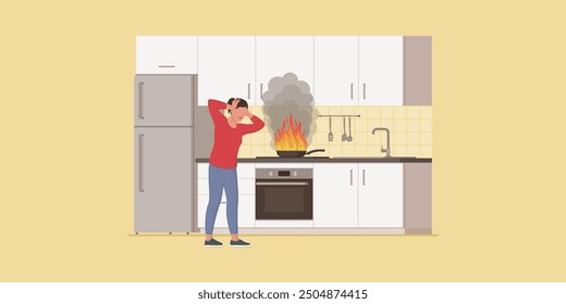 Fire in the kitchen and panicked woman with head in hands, a pan is burning on the stove, safety at home and insurance concept