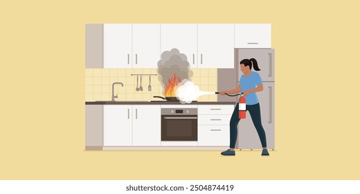 Fuego en la cocina y mujer usando un extintor de incendios, una sartén se está quemando, concepto de seguridad en el hogar