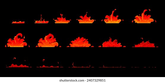 Fire lava animation, game sprite effect sheet, volcano magma. Volcanic eruption lava splash animation sequence frames, cartoon hot magma explosion burst or flow stages vector loop