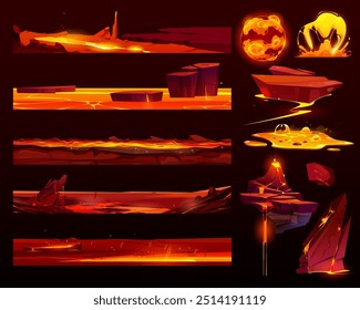 Efeito de fogo e lava. Magma e rock desenho ui 2d set. Fluxo derretido mágico e líquido splash vfx design de elemento isolado. Quebra de plataforma nivelada do inferno, chama de explosão e seção de superfície de terra de calor