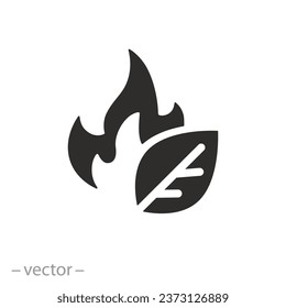 fire with leaf icon, ecological fuel, natural energy, flat line symbol - vector illustration