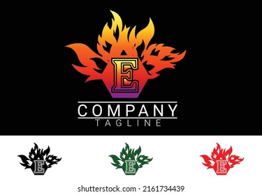 Fire letter E sticker, logo and icon design template