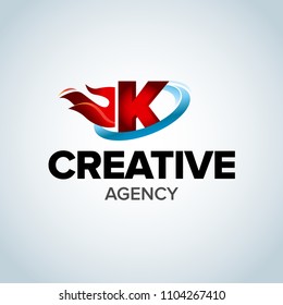 Fire Letter K logo template. Burning flame design element vector illustration. Corporate branding identity. Creative Fire logotype template. Isolated vector illustration.