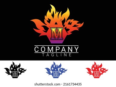 Fire letter M sticker, logo and icon design template