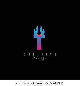 fire and letter T character, letter, syllable logo