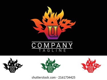 Fire letter U sticker, logo and icon design template