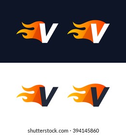 Fire Letter V logo template. Burning flame design element vector illustration. Corporate branding identity