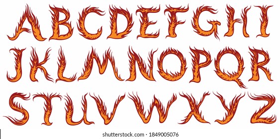 Fire letters. Design set. Hand drawn engraving. Editable vector vintage illustration. Isolated on white background.