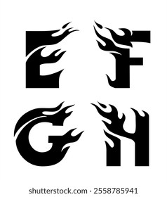 Fire Letters Design Silhouette Set, E, F, G, H or Initials Ink Tattoo